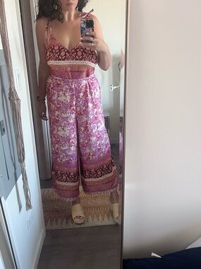 Women’s Pink Floral Wide-Leg Jumpsuit adjustable tie straps and tie waist